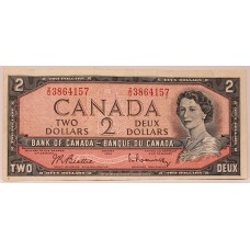 CANADA 1954 . TWO 2 DOLLARS BANKNOTE . RARE LAST PREFIX Z/U